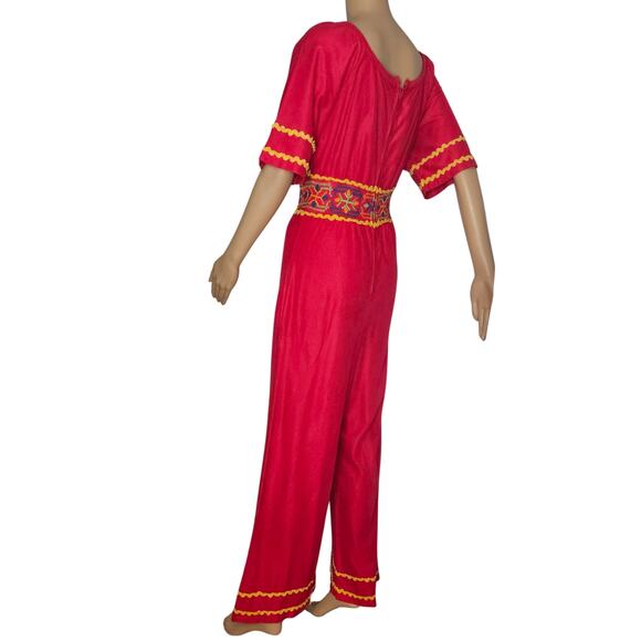 1990s Embroidered Red Katz Culotte Short Sleeve Romper Long Back Zipper Size Sm - Picture 8 of 14